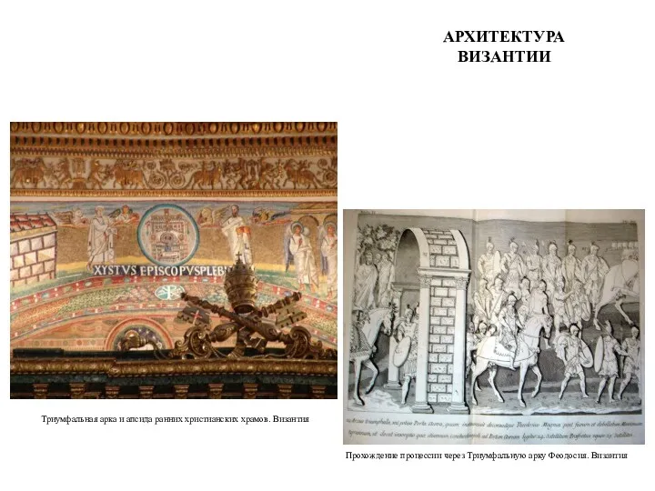 АРХИТЕКТУРА ВИЗАНТИИ Триумфальная арка и апсида ранних христианских храмов. Византия Прохождение процессии через