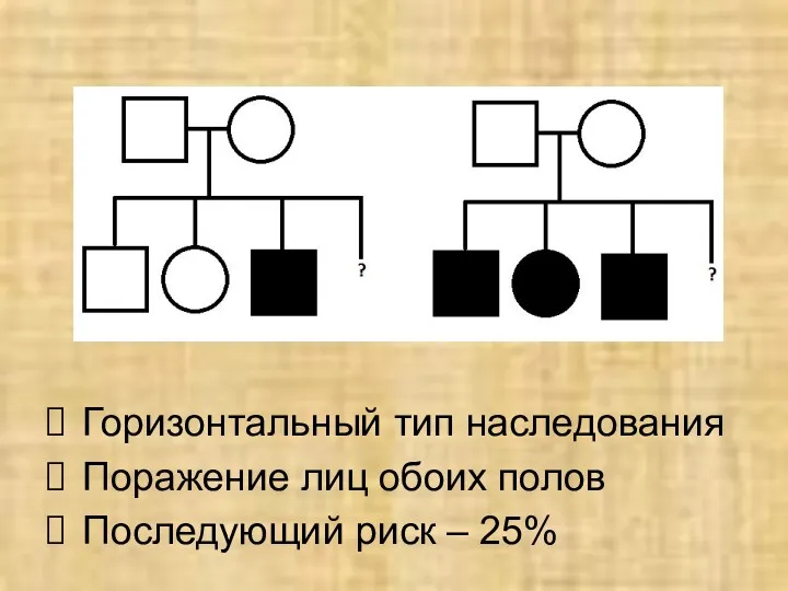 Горизонтальный тип наследования Поражение лиц обоих полов Последующий риск – 25%