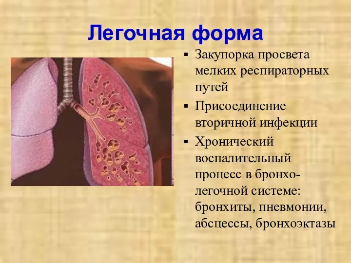Легочная форма Закупорка просвета мелких респираторных путей Присоединение вторичной инфекции