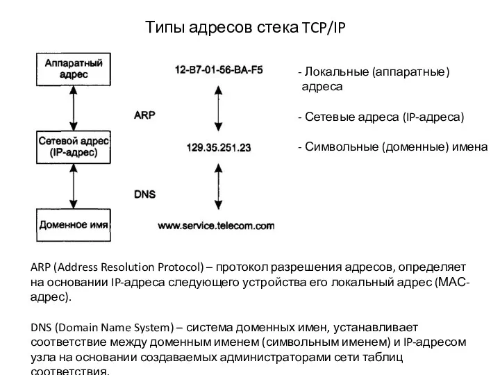 Типы адресов стека TCP/IP Локальные (аппаратные) адреса Сетевые адреса (IP-адреса)