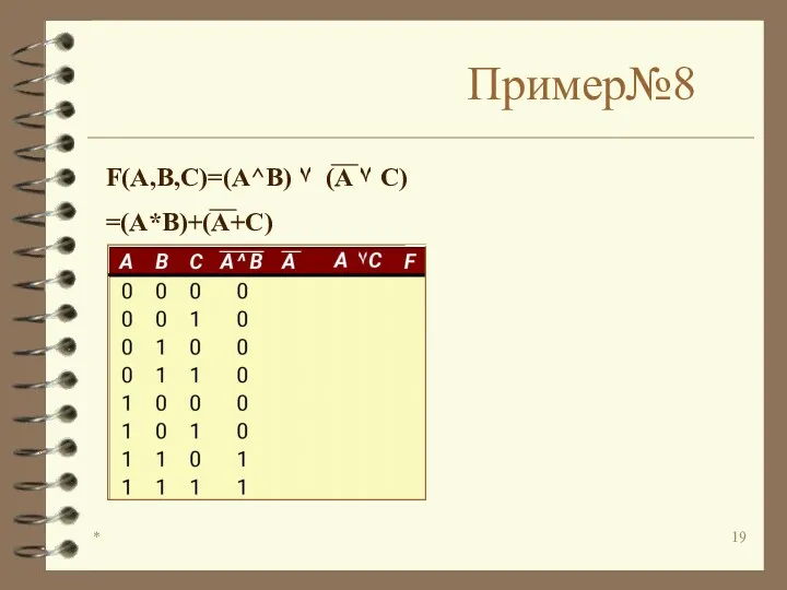 * Пример№8 F(A,B,C)=(A^B) ۷ (A ۷ C) =(A*B)+(A+C)