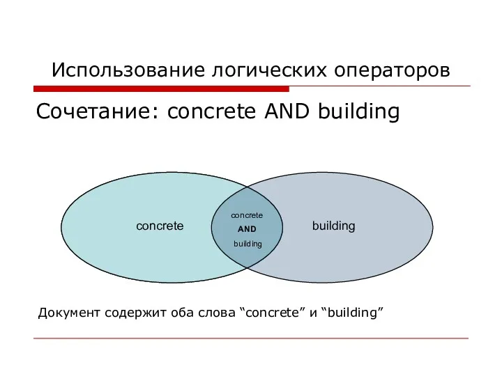 Использование логических операторов Сочетание: concrete AND building concrete building concrete