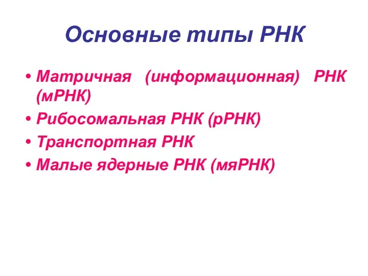 Основные типы РНК Матричная (информационная) РНК (мРНК) Рибосомальная РНК (рРНК) Транспортная РНК Малые ядерные РНК (мяРНК)