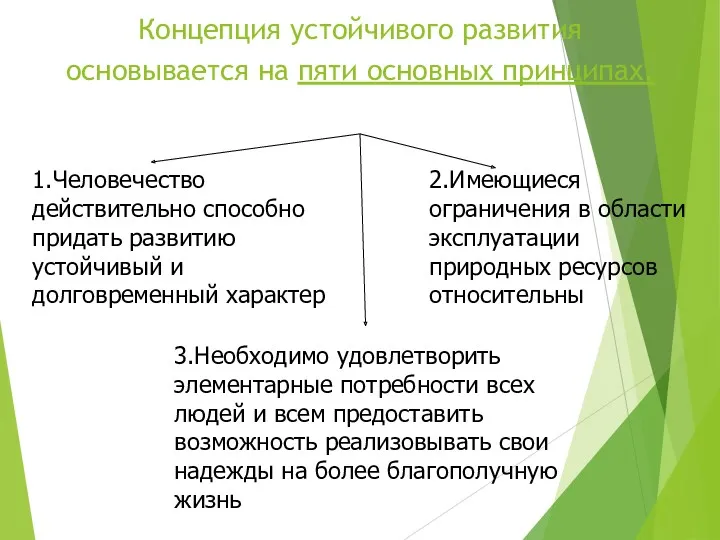 Концепция устойчивого развития основывается на пяти основных принципах. 1.Человечество действительно