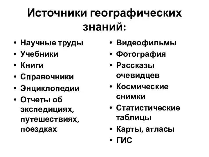 Источники географических знаний: Научные труды Учебники Книги Справочники Энциклопедии Отчеты