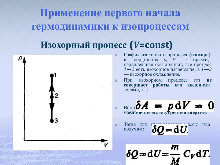 Применение первого начала термодинамики к изопроцессам Изохорный процесс (V=const) График