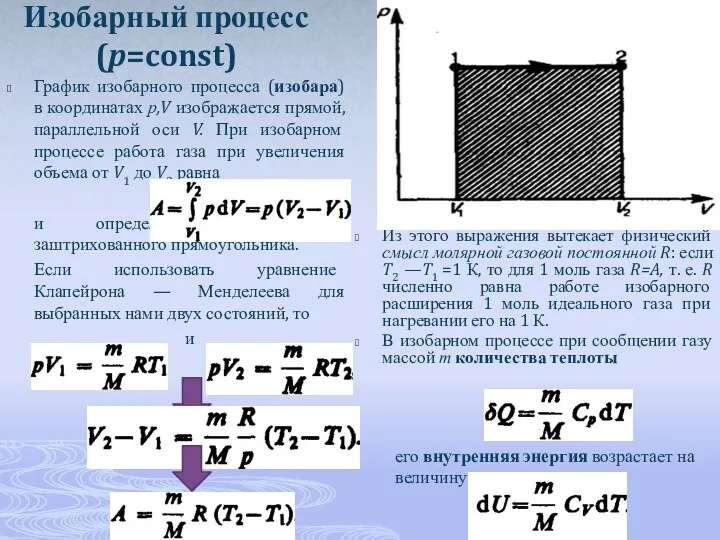 Изобарный процесс (p=const) Из этого выражения вытекает физический смысл молярной