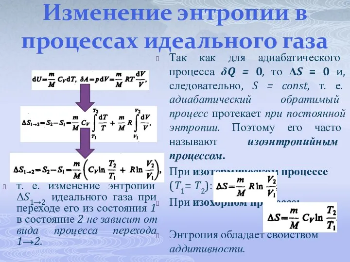 Изменение энтропии в процессах идеального газа т. е. изменение энтропии