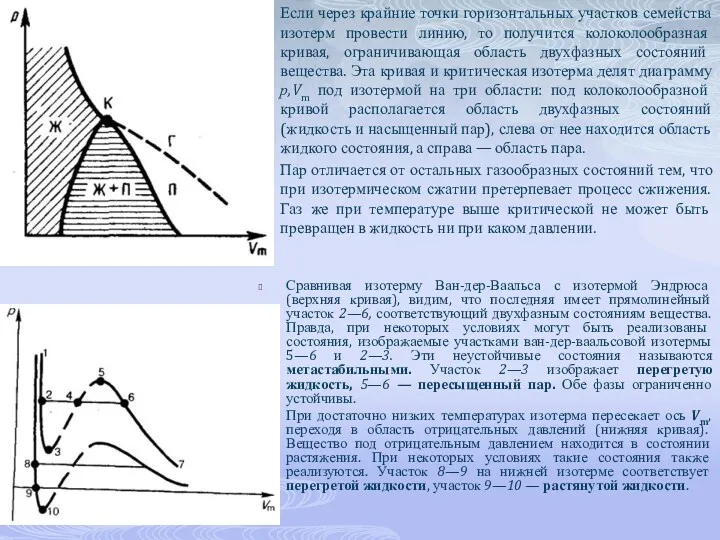 Сравнивая изотерму Ван-дер-Ваальса с изотермой Эндрюса (верхняя кривая), видим, что