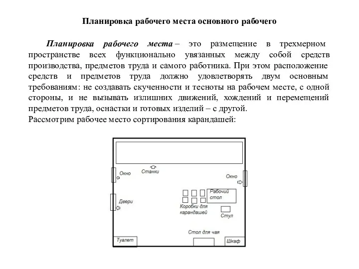 Планировка рабочего места основного рабочего Планировка рабочего места – это