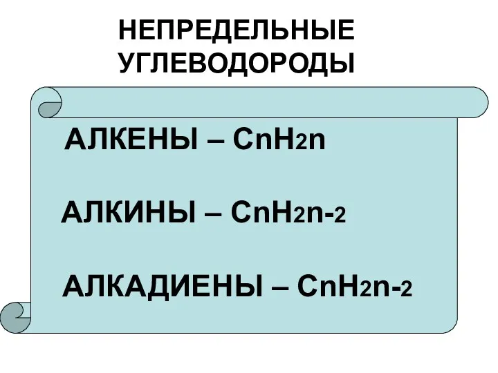 НЕПРЕДЕЛЬНЫЕ УГЛЕВОДОРОДЫ АЛКЕНЫ – СnН2n АЛКИНЫ – СnН2n-2 АЛКАДИЕНЫ – СnН2n-2