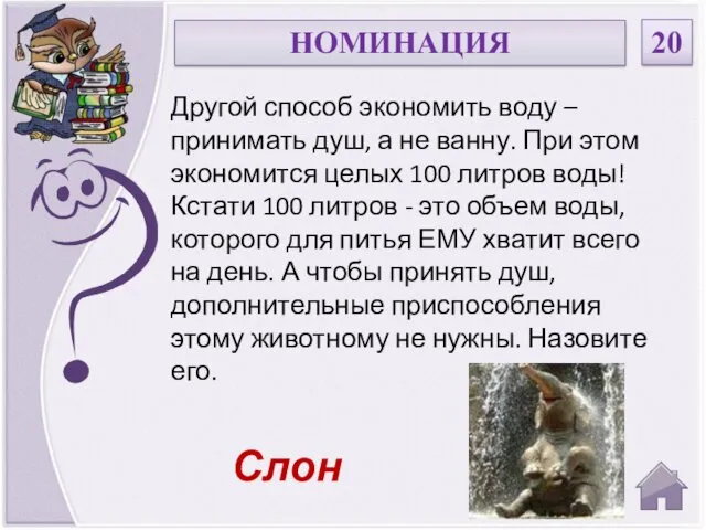 Слон Другой способ экономить воду – принимать душ, а не ванну. При этом