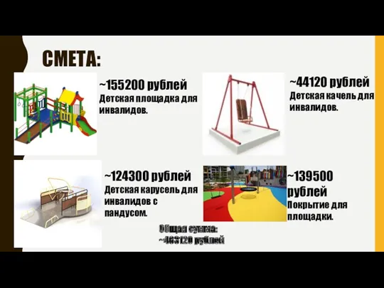 СМЕТА: ~155200 рублей Детская площадка для инвалидов. ~124300 рублей Детская