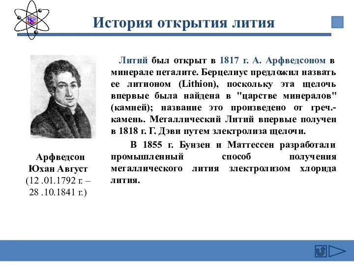 Литий был открыт в 1817 г. А. Арфведсоном в минерале