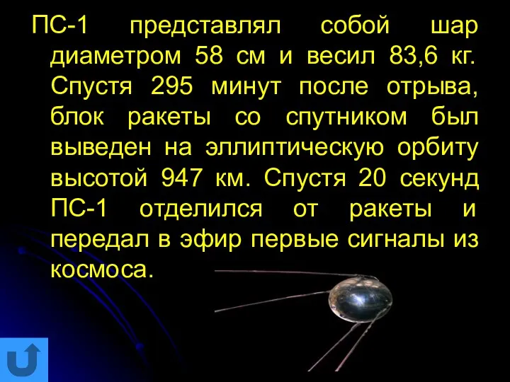 ПС-1 представлял собой шар диаметром 58 см и весил 83,6