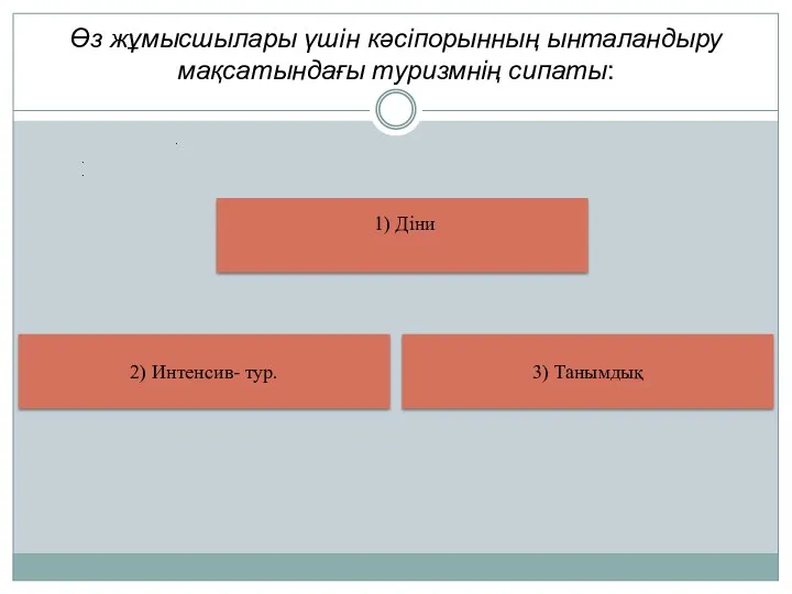 Өз жұмысшылары үшін кәсіпорынның ынталандыру мақсатындағы туризмнің сипаты: 1) Діни