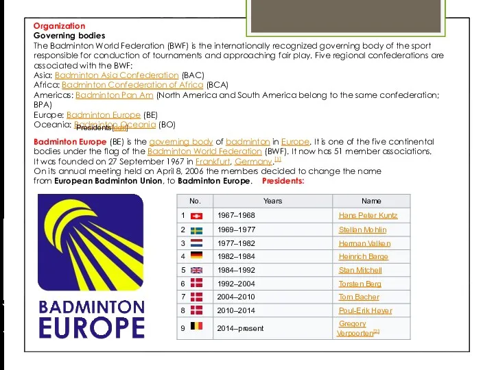 Organization Governing bodies The Badminton World Federation (BWF) is the