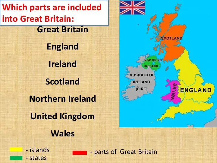 Highlight the names of islands: Great Britain England Ireland Scotland Northern Ireland United
