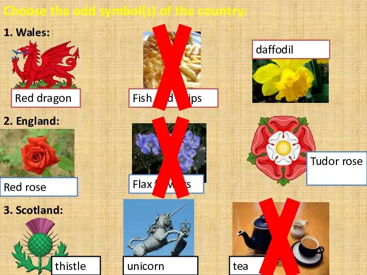 Choose the odd symbol(s) of the country: 1. Wales: Red dragon daffodil Fish