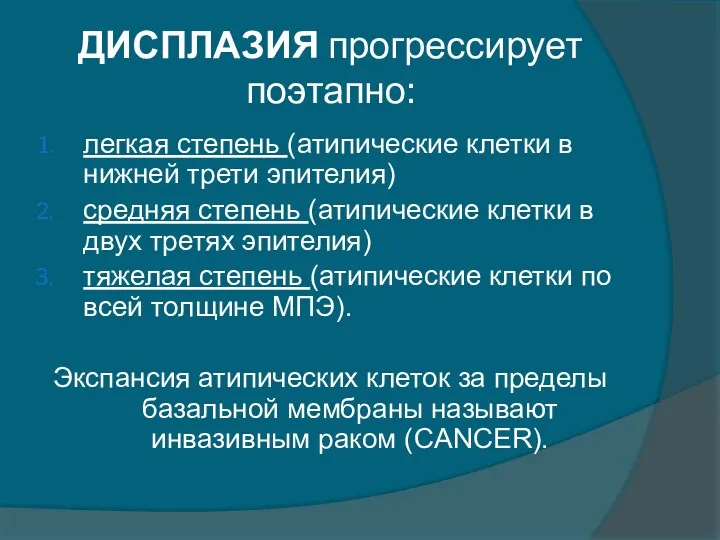 ДИСПЛАЗИЯ прогрессирует поэтапно: легкая степень (атипические клетки в нижней трети