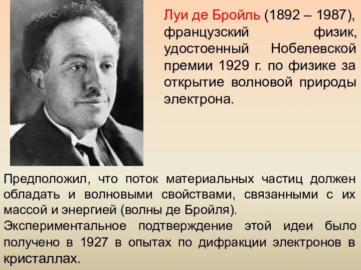 Луи де Бройль (1892 – 1987), французский физик, удостоенный Нобелевской