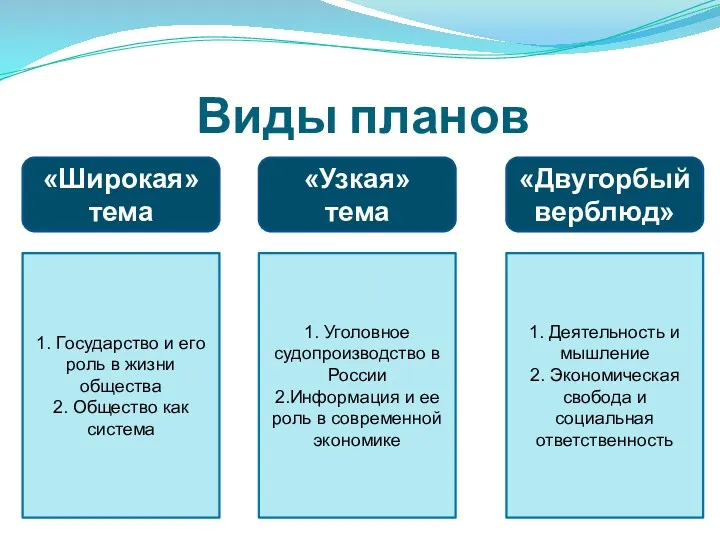 Виды планов «Широкая» тема «Узкая» тема «Двугорбый верблюд» 1. Государство и его роль