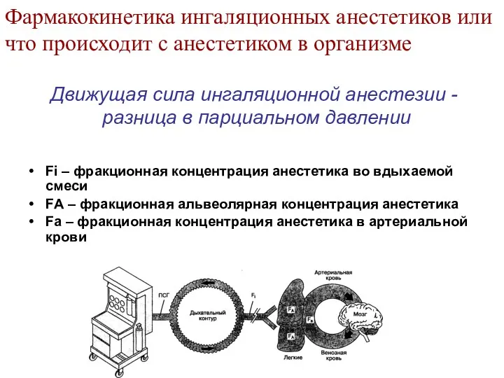 Движущая сила ингаляционной анестезии - разница в парциальном давлении Fi