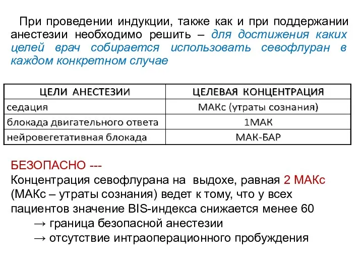 При проведении индукции, также как и при поддержании анестезии необходимо