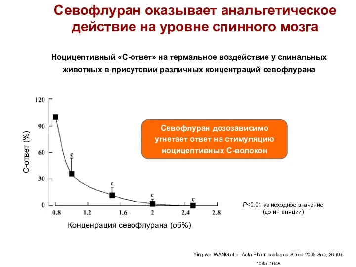 Севофлуран оказывает анальгетическое действие на уровне спинного мозга Ноцицептивный «С-ответ»