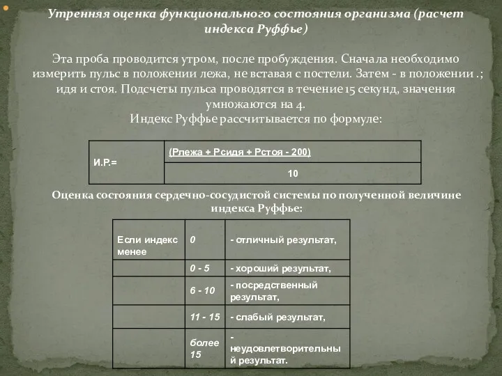 Утренняя оценка функционального состояния организма (расчет индекса Руффье) Эта проба проводится утром, после