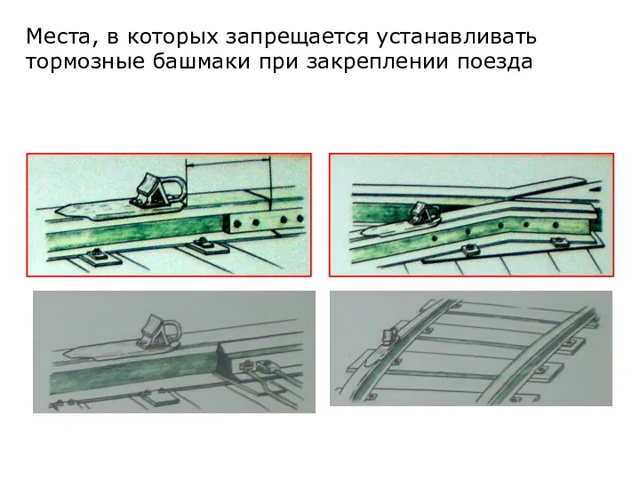 Места, в которых запрещается устанавливать тормозные башмаки при закреплении поезда