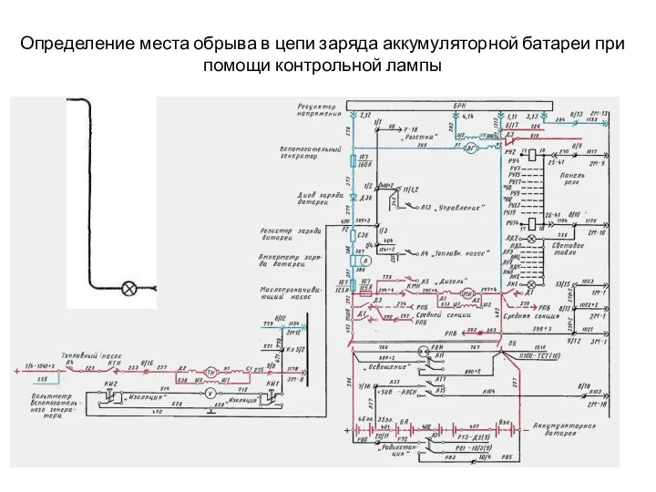 Определение места обрыва в цепи заряда аккумуляторной батареи при помощи контрольной лампы