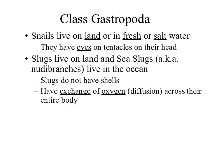 Class Gastropoda Snails live on land or in fresh or