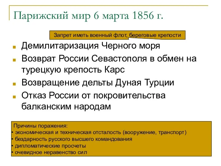 Парижский мир 6 марта 1856 г. Демилитаризация Черного моря Возврат России Севастополя в