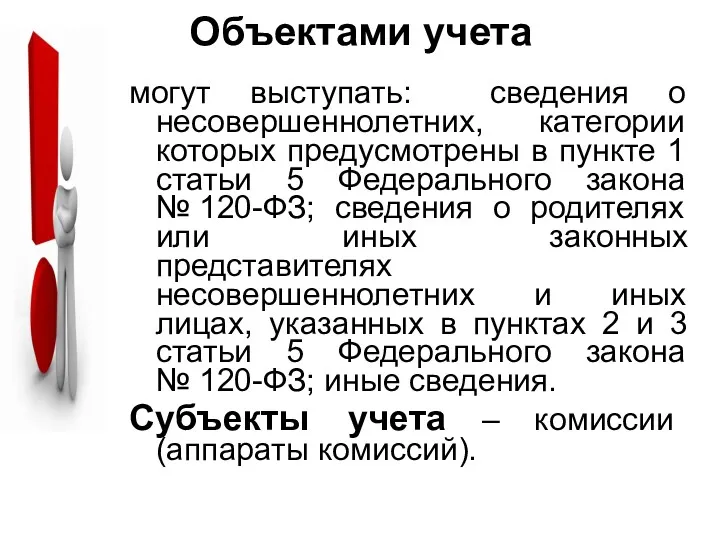 Объектами учета могут выступать: сведения о несовершеннолетних, категории которых предусмотрены