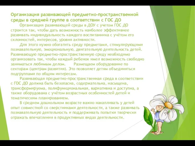 Организация развивающей предметно-пространственной среды в средней группе в соответствии с ГОС ДО Организация