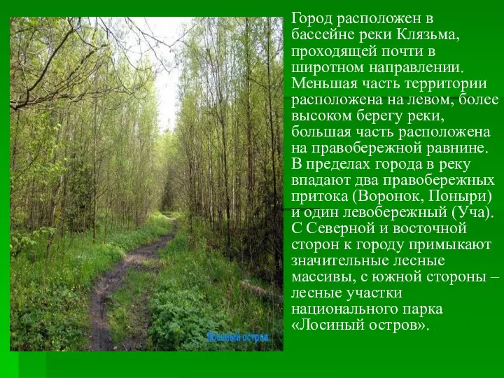 Город расположен в бассейне реки Клязьма, проходящей почти в широтном