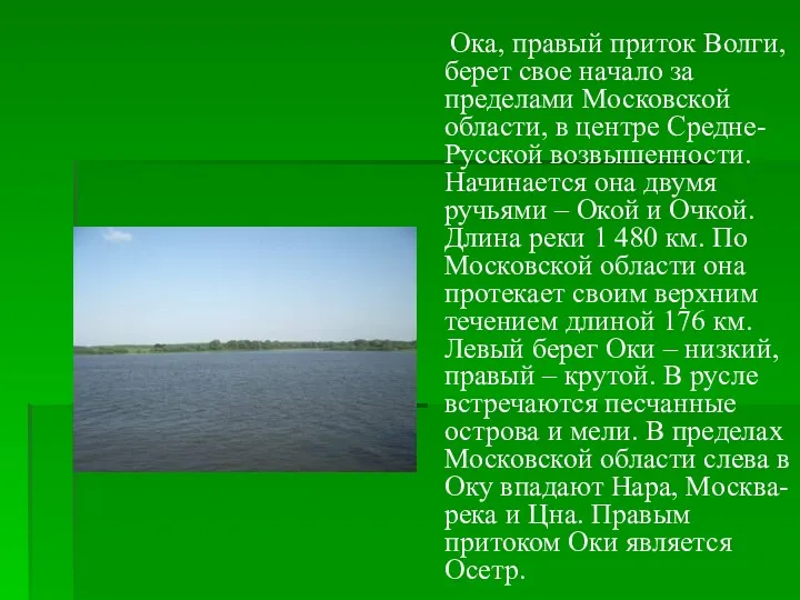 Ока, правый приток Волги, берет свое начало за пределами Московской