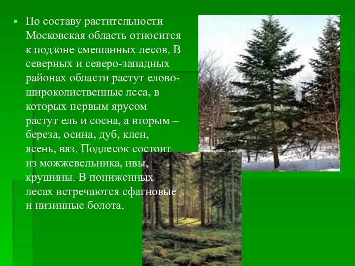 По составу растительности Московская область относится к подзоне смешанных лесов.