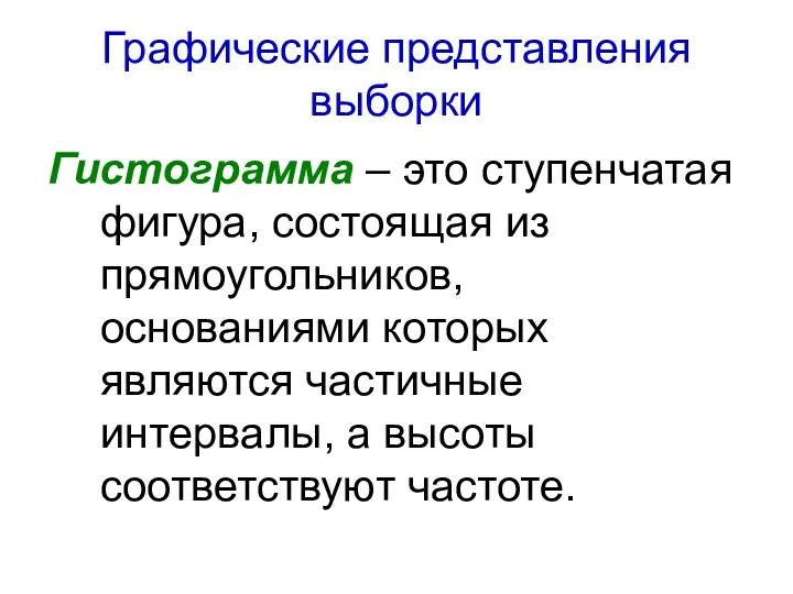 Графические представления выборки Гистограмма – это ступенчатая фигура, состоящая из