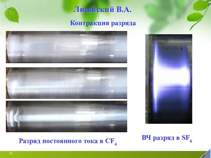 Лисовский В.А. Контракция разряда Разряд постоянного тока в CF4 ВЧ разряд в SF6