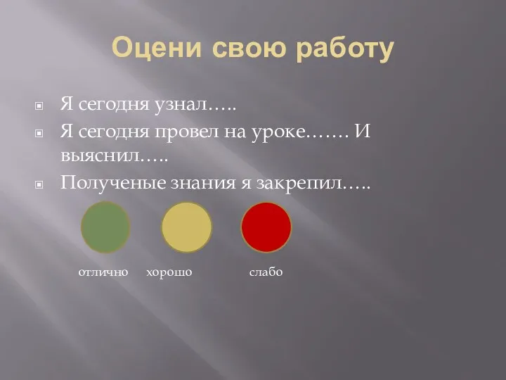 Оцени свою работу Я сегодня узнал….. Я сегодня провел на