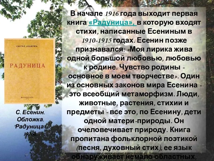 В начале 1916 года выходит первая книга «Радуница», в которую входят стихи, написанные