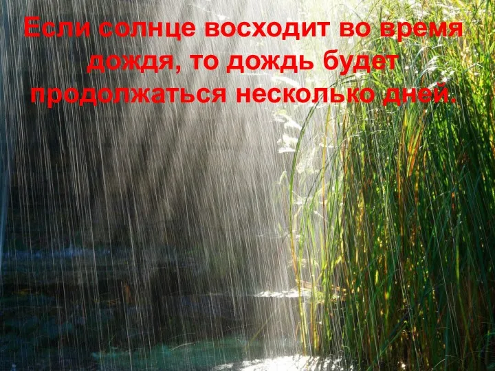 Если солнце восходит во время дождя, то дождь будет продолжаться несколько дней.