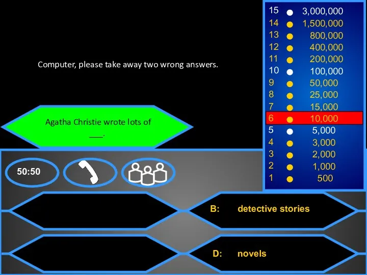 Agatha Christie wrote lots of ___. Computer, please take away two wrong answers.