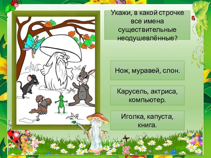 Укажи, в какой строчке все имена существительные неодушевлённые? Нож, муравей,