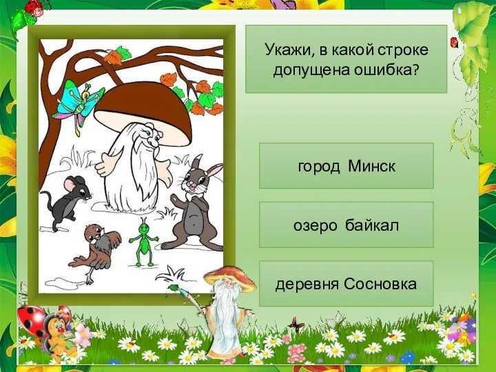 Укажи, в какой строке допущена ошибка? город Минск озеро байкал деревня Сосновка