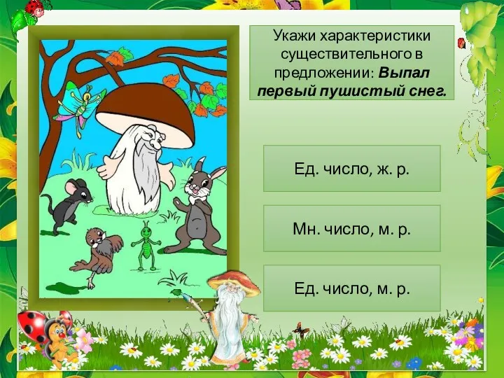 Укажи характеристики существительного в предложении: Выпал первый пушистый снег. Ед.