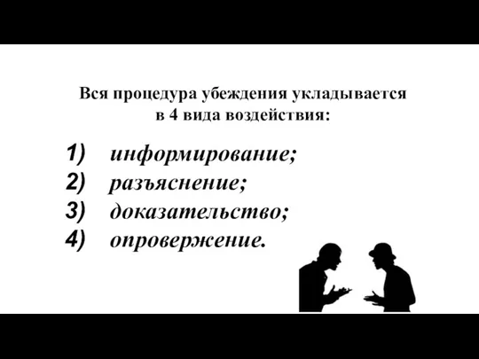 Вся процедура убеждения укладывается в 4 вида воздействия: информирование; разъяснение; доказательство; опровержение.