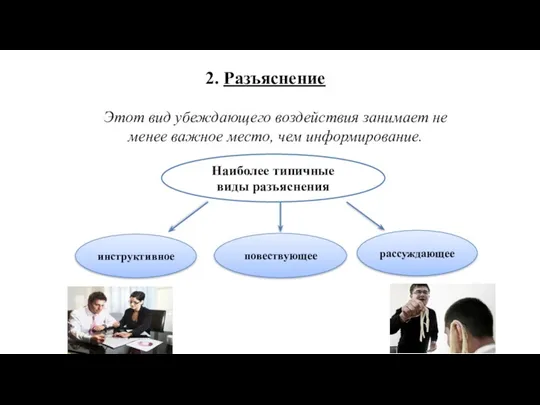 2. Разъяснение Этот вид убеждающего воздействия занимает не менее важное